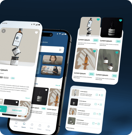 Patient-facing mobile commerce screens from a medicine ordering and delivery platform engineered by DroidMed Technology
